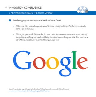 48

INNOVATION CONGRUENCE
 KEY INSIGHTS: CREATE THE RIGHT MINDSET


Develop appropriate mindsets towards risk and smart failure


At Google, Sheryl Sandberg made a bad decision costing millions of dollars. Co-founder
Larry Page responded:



“I’m so glad you made this mistake, because I want to run a company where we are moving
too quickly and doing too much, not being too cautious and doing too little. If we don’t have
any of these mistakes, we’re just not taking enough risk”

Source Picture: Official Logo of Google, Inc.Trademark and Website. Retrieved November, 2013, from Wikimedia
www.commons.wikimedia.org/wiki/File:Logo_Google_2013_Official.svg

 