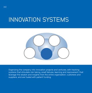 162

INNOVATION SYSTEMS

Organizing the company into innovation projects and ventures, with tracking
systems that stimulat...