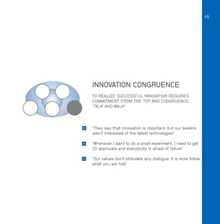 45

INNOVATION CONGRUENCE
TO REALIZE SUCCESSFUL INNOVATION REQUIRES
COMMITMENT FROM THE TOP AND CONGRUENCE:
“TALK AND WALK...