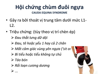 Hội chứng chùm đuôi ngựa
CAUDA EQUINA SYNDROME
• Gây ra bởi thoát vị trung tâm dưới mức L1-
L2.
• Triệu chứng: (tùy theo vị trí chèn ép)
⮚ Đau thắt lưng dữ dội
⮚ Đau, tê hoặc yếu 1 hay cả 2 chân
⮚ Mất cảm giác vùng yên ngựa (‘sit on air’)
⮚ Bí tiểu hoặc tiểu không tự chủ
⮚ Táo bón
⮚ Rối loạn cương dương
⮚ ...
 
