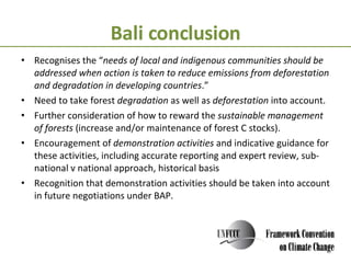 Bali conclusion Recognises the “ needs of local and indigenous communities should be addressed when action is taken to reduce emissions from deforestation and degradation in developing countries .” Need to take forest  degradation  as well as  deforestation  into account. Further consideration of how to reward the  sustainable management of forests  (increase and/or maintenance of forest C stocks). Encouragement of  demonstration activities  and indicative guidance for these activities, including accurate reporting and expert review, sub-national v national approach, historical basis Recognition that demonstration activities should be taken into account in future negotiations under BAP. 
