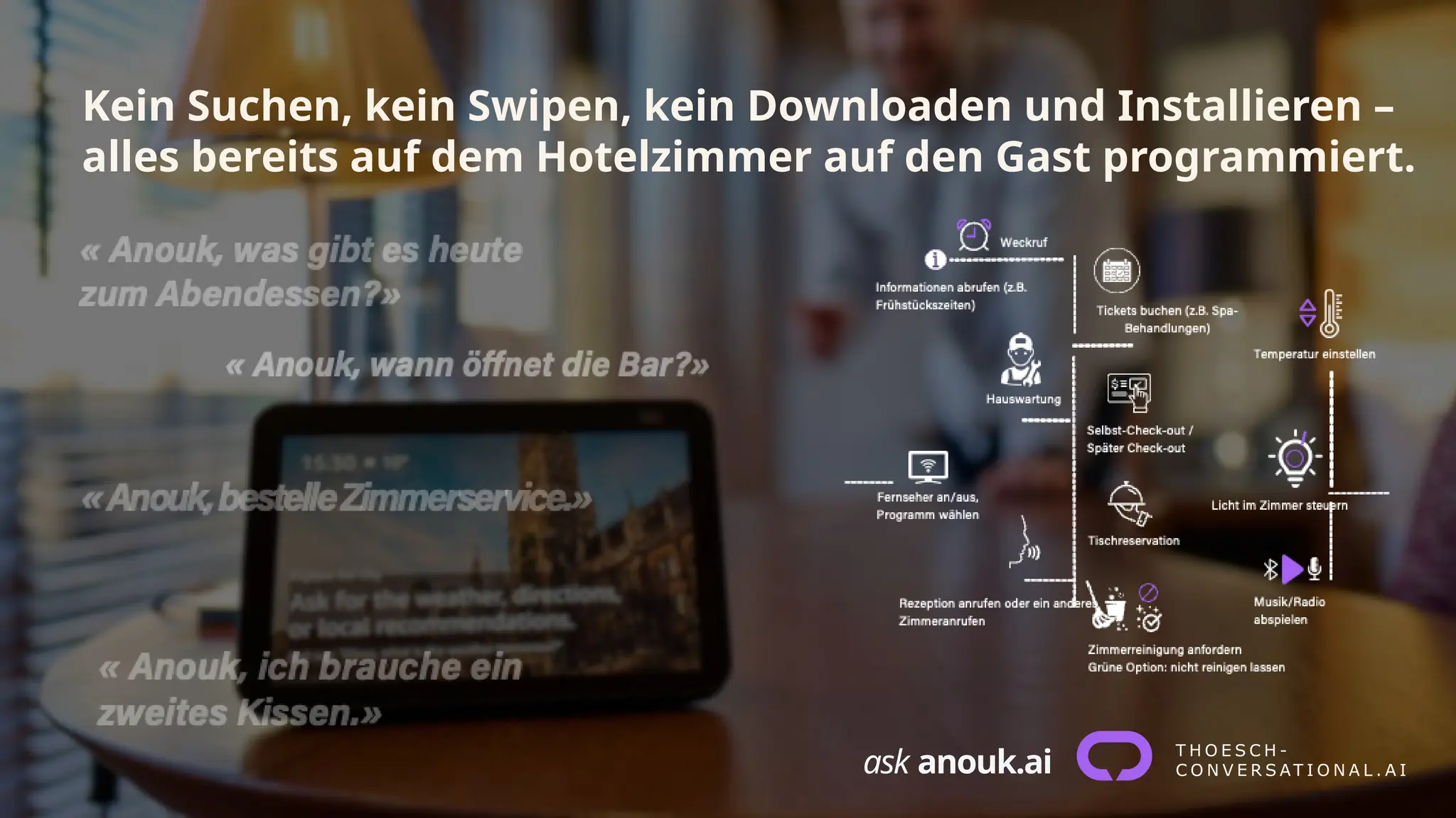 ask anouk.ai
Kein Suchen, kein Swipen, kein Downloaden und Installieren –
alles bereits auf dem Hotelzimmer auf den Gast programmiert.
 