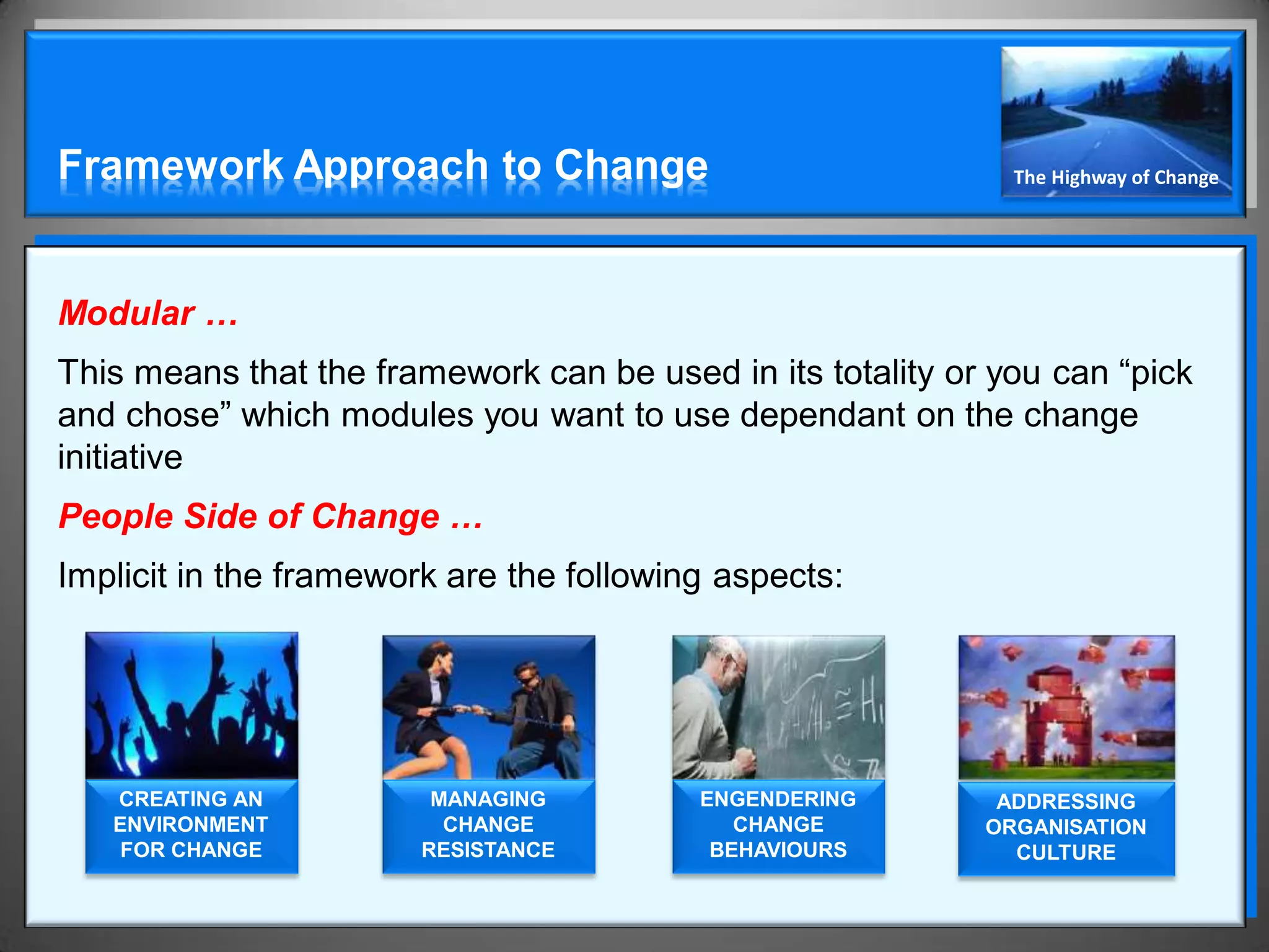 Framework Approach to Change                                  The Highway of Change




Modular …
This means that the framework can be used in its totality or you can “pick
and chose” which modules you want to use dependant on the change
initiative
People Side of Change …
Implicit in the framework are the following aspects:




   CREATING AN           MANAGING         ENGENDERING        ADDRESSING
   ENVIRONMENT            CHANGE             CHANGE         ORGANISATION
    FOR CHANGE          RESISTANCE         BEHAVIOURS         CULTURE
 