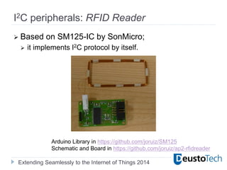 Extending Seamlessly to the Internet of Things 2014
I2C peripherals: RFID Reader
 Based on SM125-IC by SonMicro;
 it implements I2C protocol by itself.
Arduino Library in https://github.com/joruiz/SM125
Schematic and Board in https://github.com/joruiz/ap2-rfidreader
 