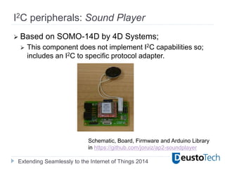 Extending Seamlessly to the Internet of Things 2014
I2C peripherals: Sound Player
 Based on SOMO-14D by 4D Systems;
 This component does not implement I2C capabilities so;
includes an I2C to specific protocol adapter.
Schematic, Board, Firmware and Arduino Library
in https://github.com/joruiz/ap2-soundplayer
 