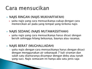  NAJIS RINGAN (NAJIS MUKHAFFAFAH)
 yaitu najis yang cara mensucikanya cukup dengan cara
memercikan air pada yang tempat yang terkena najis
 NAJIS SEDANG (NAJIS MUTAWASSITHAH)
 yaitu najis yang cara mensucikanya harus dicuci dengan
bersih sehingga hilang bekasnya, baunya atau rasanya.
 NAJIS BERAT (MUGHALLADAH)
◦ yaitu najis dengan cara mensucikanya harus dengan dicuci
dengan menggunakan air sebanayak 7 kali siraman dan
salah satu diantaranya dicampur dengan debu atau tanah
yang suci. Najis semacam ini hanya ada satu jenis saja
 