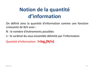 Notion de la quantité
              d’information
On définit ainsi la quantité d'information comme une fonction
croissante de N/n avec :
N : le nombre d'évènements possibles
n : le cardinal du sous-ensemble délimité par l'information
Quantité d'information: I=log2(N/n)




03/01/13                                                   29
 