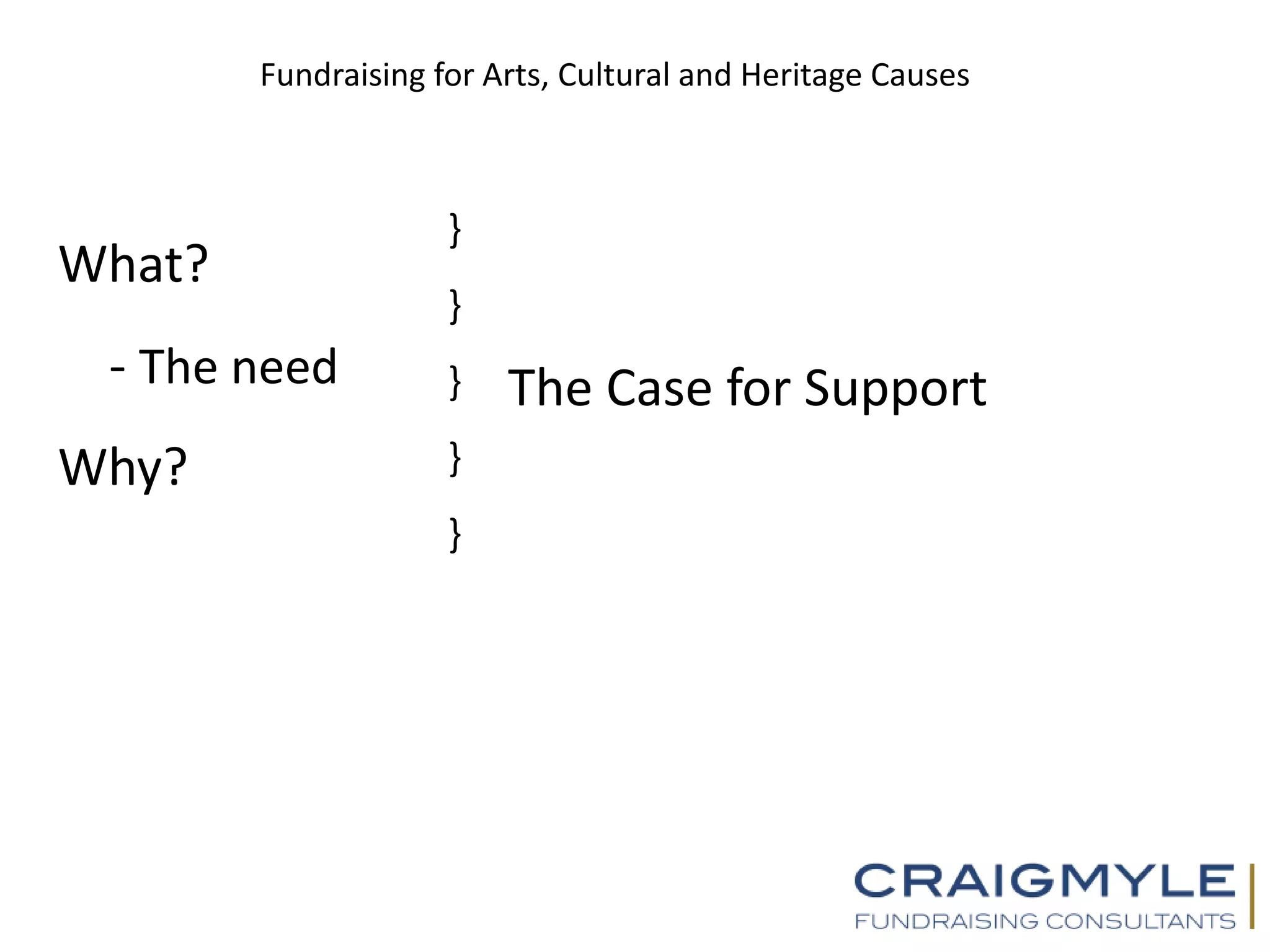 Fundraising for Arts, Cultural and Heritage Causes
}
What?
}
- The need } The Case for Support
Why? }
}