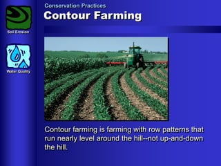 Conservation Practices

Contour Farming
Soil Erosion

Water Quality

Contour farming is farming with row patterns that
run nearly level around the hill--not up-and-down
the hill.

 