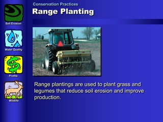Conservation Practices

Range Planting
Soil Erosion

Water Quality

Profits

Wildlife

Range plantings are used to plant grass and
legumes that reduce soil erosion and improve
production.

 
