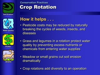 Conservation Practices

Crop Rotation
Soil Erosion

How it helps . . .
Water Quality

Profits

Wildlife

• Pesticide costs may be reduced by naturally
breaking the cycles of weeds, insects, and
diseases
• Grass and legumes in a rotation protect water
quality by preventing excess nutrients or
chemicals from entering water supplies
• Meadow or small grains cut soil erosion
dramatically
• Crop rotations add diversity to an operation

 