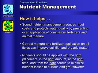 Conservation Practices

Nutrient Management
Water Quality

How it helps . . .

Profits

• Sound nutrient management reduces input
costs and protects water quality by preventing
over application of commercial fertilizers and
animal manure
• Correct manure and fertilizer application on all
fields can improve soil tilth and organic matter
• Nutrients should be applied with the right
placement, in the right amount, at the right
time, and from the right source to minimize
nutrient losses to surface and groundwater

 