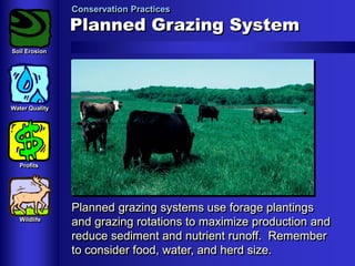 Conservation Practices

Planned Grazing System
Soil Erosion

Water Quality

Profits

Wildlife

Planned grazing systems use forage plantings
and grazing rotations to maximize production and
reduce sediment and nutrient runoff. Remember
to consider food, water, and herd size.

 