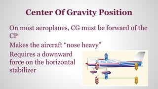 Center Of Gravity Position
On most aeroplanes, CG must be forward of the
CP
Makes the aircraft “nose heavy”
Requires a downward
force on the horizontal
stabilizer
 