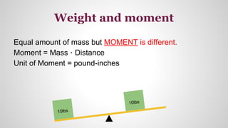 Weight and moment
Equal amount of mass but MOMENT is different.
Moment = Mass · Distance
Unit of Moment = pound-inches
 