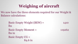 Weighing of aircraft
Basic Empty Weight (BEW) = 1410
lbs
Basic Empty Moment = 119262
lbs in
Basic Empty CG =
84.6 in
We now have the three elements required for our Weight &
Balance calculations:
 