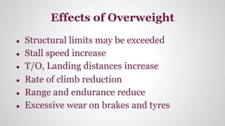 Effects of Overweight
● Structural limits may be exceeded
● Stall speed increase
● T/O, Landing distances increase
● Rate of climb reduction
● Range and endurance reduce
● Excessive wear on brakes and tyres
 