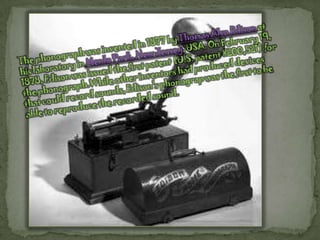 The phonograph was invented in 1877 by Thomas Alva Edison at his laboratory in Menlo Park, New Jersey, USA. On February 19, 1878, Edison was issued the first patent (U.S. patent #200,521) for the phonograph.While other inventors had produced devices that could record sounds, Edison's phonograp was the first to be able to reproduce the recorded sound. 