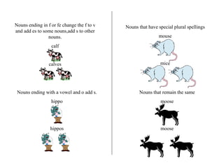 Nouns ending in f or fe change the f to v and add es to some nouns,add s to other nouns. calf calves Nouns ending with a vowel and o add s. hippo hippos Nouns that have special plural spellings mouse mice Nouns that remain the same moose moose 