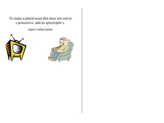 To make a plural noun that does not end in s possessive ,add an apostrophe s. men’s television 