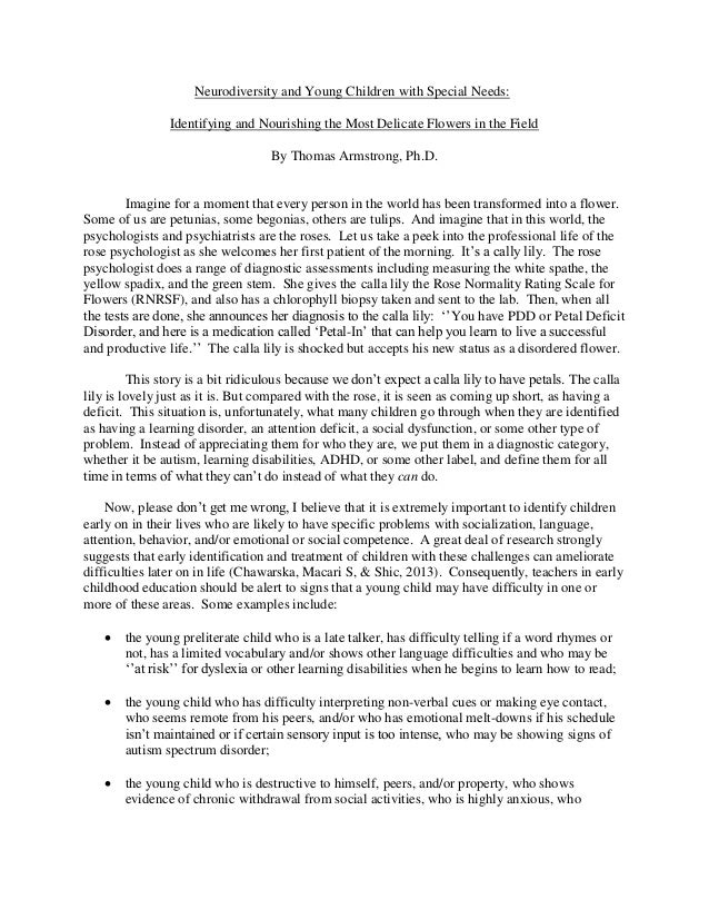 Essays On Science And Religion Neurodiversity And Young Children With Special Needs Identifying And Nourishing The Most Delicate Flowers In English Reflective Essay Example also Fahrenheit 451 Essay Thesis Neurodiversity And Young Children With Special Needs Compare And Contrast Essay On High School And College