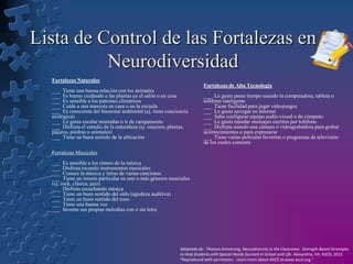 Lista de Control de las Fortalezas en
Neurodiversidad
Fortalezas Naturales

Fortalezas de Alta Tecnología
___ Tiene una buena relación con los animales
___ Es bueno cuidando a las plantas en el salón o en casa
___ Es sensible a los patrones climáticos
___ Cuida a una mascota en casa o en la escuela
___ Es consciente del bienestar ambiental (ej. tiene conciencia
ecológica)
___ Le gusta escalar montañas o ir de campamento
___ Disfruta el estudio de la naturaleza (ej. insectos, plantas,
pájaros, piedras o animales)
___ Tiene un buen sentido de la ubicación

___ Le gusta pasar tiempo usando la computadora, tableta o
teléfono inteligente
___ Tiene facilidad para jugar videojuegos
___ Le gusta navegar en Internet
___ Sabe configurar equipo audio-visual o de cómputo
___ Le gusta mandar mensajes escritos por teléfono
___ Disfruta usando una cámara o videograbadora para grabar
acontecimientos o para expresarse
___ Tiene varias películas favoritas o programas de televisión
de los cuales comenta

Fortalezas Musicales
___ Es sensible a los ritmos de la música
___ Disfruta tocando instrumentos musicales
___ Conoce la música y letras de varias canciones
___ Tiene un interés particular en uno o más géneros musicales
(ej. rock, clásica, jazz)
___ Disfruta escuchando música
___ Tiene un buen sentido del oído (agudeza auditiva)
___ Tiene un buen sentido del tono
___ Tiene una buena voz
___ Inventa sus propias melodías con o sin letra

Adaptado de: Thomas Armstrong, Neurodiversity in the Classroom: Strength-Based Strategies
to Help Students with Special Needs Succeed in School and Life. Alexandria, VA: ASCD, 2012.
"Reproduced with permission. Learn more about ASCD at www.ascd.org."

 