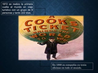 1872 se realizo la primera
vuelta al mundo en viaje
turístico con un grupo de 9
personas y tardo 222 días.
En 1888 su compañía ya tenia
oficinas en todo el mundo.
 