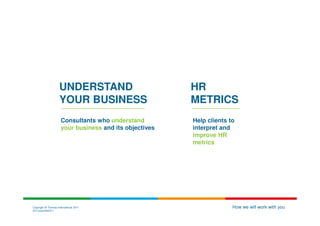 UNDERSTAND                          HR
                     YOUR BUSINESS                       METRICS
                      Consultants who understand         Help clients to
                      your business and its objectives   interpret and
                                                         improve HR
                                                         metrics




Copyright © Thomas International 2011                                  How we will work with you
23-Corporate2011
 