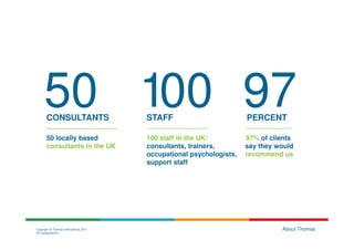 50 100 97
       CONSULTANTS                      STAFF                         PERCENT

       50 locally based                 100 staff in the UK:          97% of clients
       consultants in the UK            consultants, trainers,        say they would
                                        occupational psychologists,   recommend us
                                        support staff




Copyright © Thomas International 2011                                           About Thomas
23-Corporate2011
 