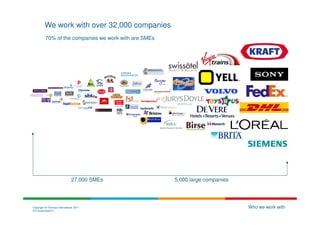 We work with over 32,000 companies
          70% of the companies we work with are SMEs




                              27,000 SMEs              5,000 large companies




Copyright © Thomas International 2011                                          Who we work with
23-Corporate2011
 