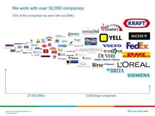 Copyright © Thomas International 2011
23-Corporate2011
We work with over 32,000 companies
Who we work with
70% of the companies we work with are SMEs
27,000 SMEs 5,000 large companies
 