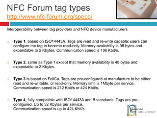 NFC Forum tag types http://www.nfc-forum.org/specs/   Interoperability between tag providers and NFC device manufacturers Type 1 , based on ISO14443A. Tags are read and re-write capable; users can configure the tag to become read-only. Memory availability is 96 bytes and expandable to 2 Kbytes. Communication speed is 106 Kbit/s. Type 2 , same as Type 1 except that memory availability is 48 bytes and expandable to 2 Kbytes. Type 3  is based on FeliCa. Tags are pre-configured at manufacture to be either read and re-writable, or read-only. Memory limit is 1Mbyte per service. Communication speed is 212 Kbit/s or 424 Kbit/s. Type 4 , fully compatible with ISO14443A and B standards. Tags are pre-configured. Up to 32 Kbytes per service. Communication speed is up to 424 Kbit/s.  