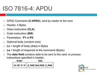 ISO 7816-4: APDU APDU Command ( C-APDU ), sent by reader to the card Header, 4 Bytes Class instruction ( CLA ) Code instruction ( INS ) Parameters :  P1  et  P2 Optional body (random size) Lc  = length of body (data) in Bytes Le  = length of response to the command (Bytes) The  data field  contains data to be sent to the card, to process instructions specified in header. 