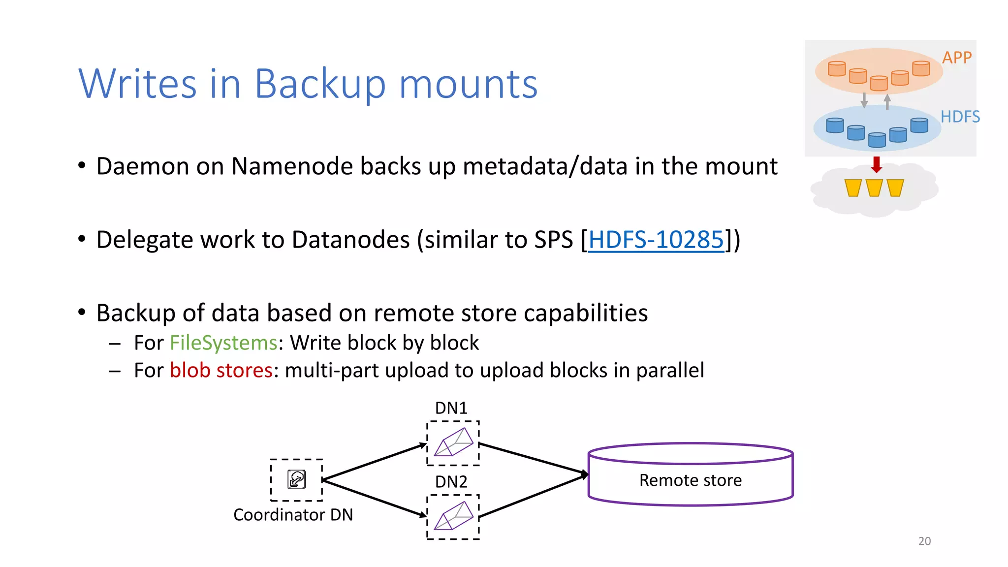 Writes in Backup mounts
• Daemon on Namenode backs up metadata/data in the mount
• Delegate work to Datanodes (similar to SPS [HDFS-10285])
• Backup of data based on remote store capabilities
̶ For FileSystems: Write block by block
̶ For blob stores: multi-part upload to upload blocks in parallel
20
APP
HDFS
DN2
Coordinator DN
Remote store
DN1
 