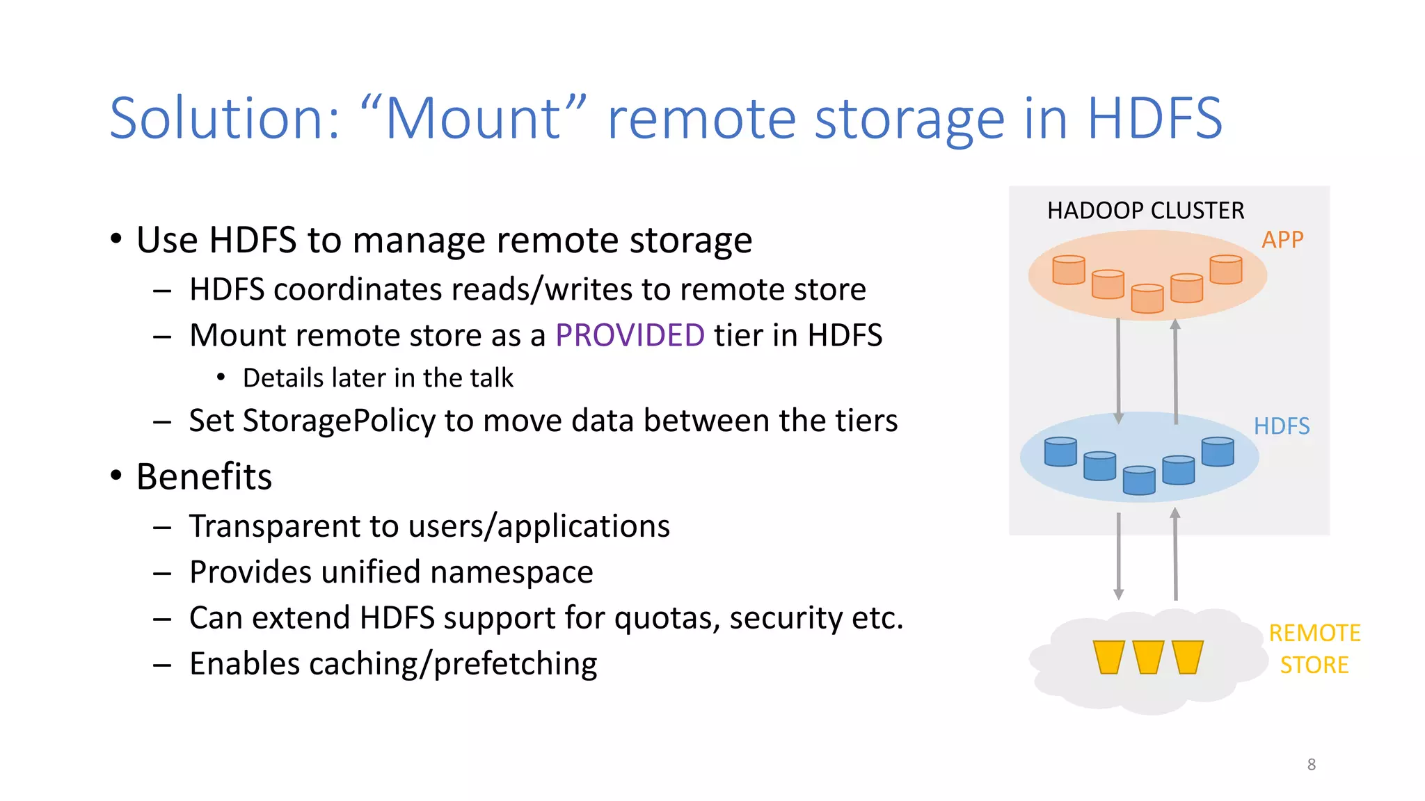Solution: “Mount” remote storage in HDFS
• Use HDFS to manage remote storage
̶ HDFS coordinates reads/writes to remote store
̶ Mount remote store as a PROVIDED tier in HDFS
• Details later in the talk
̶ Set StoragePolicy to move data between the tiers
• Benefits
̶ Transparent to users/applications
̶ Provides unified namespace
̶ Can extend HDFS support for quotas, security etc.
̶ Enables caching/prefetching
8
REMOTE
STORE
APP
HADOOP CLUSTER
HDFS
 