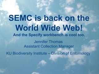 SEMC is back on the
World Wide Web!
And the Specify workbench is cool too.
Jennifer Thomas
Assistant Collection Manager
KU Biodiversity Institute – Division of Entomology

 