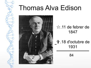 Thomas Alva Edison

          ☆.11 de febrer de
                1847

          ✞.18 d'octubre de
                1931

                84
 