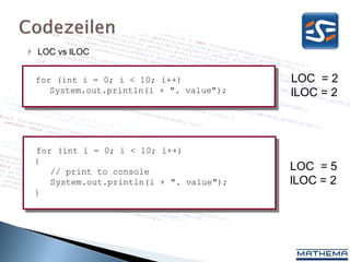  LOC vs lLOC


 for (int i = 0; i < 10; i++)            LOC = 2
    System.out.println(i + ". value");   lLOC = 2



 for (int i = 0; i < 10; i++)
 {
    // print to console                  LOC = 5
    System.out.println(i + ". value");   lLOC = 2
 }
 