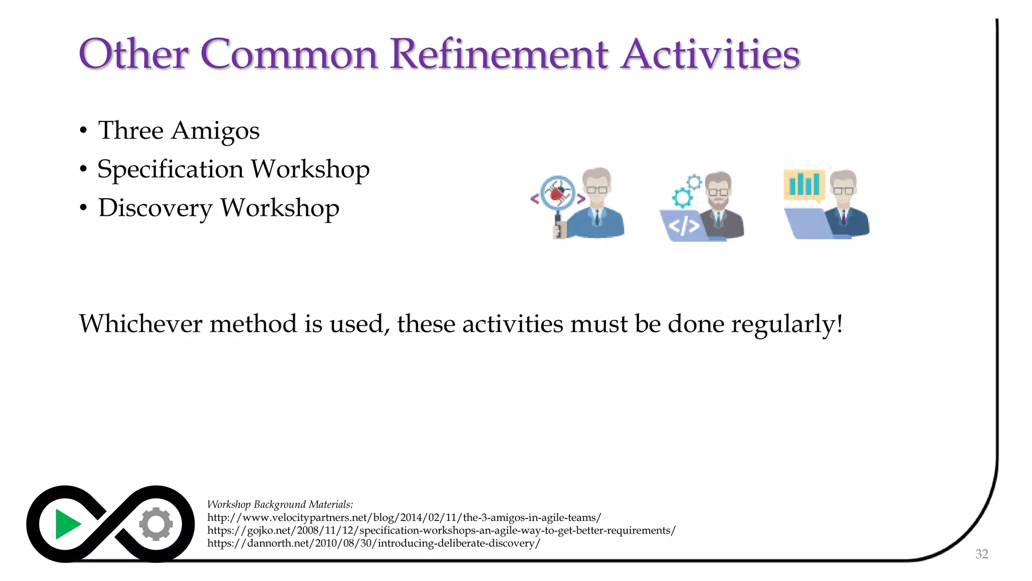 Other Common Refinement Activities
• Three Amigos
• Specification Workshop
• Discovery Workshop
Whichever method is used, these activities must be done regularly!
32
Workshop Background Materials:
http://www.velocitypartners.net/blog/2014/02/11/the-3-amigos-in-agile-teams/
https://gojko.net/2008/11/12/specification-workshops-an-agile-way-to-get-better-requirements/
https://dannorth.net/2010/08/30/introducing-deliberate-discovery/
 