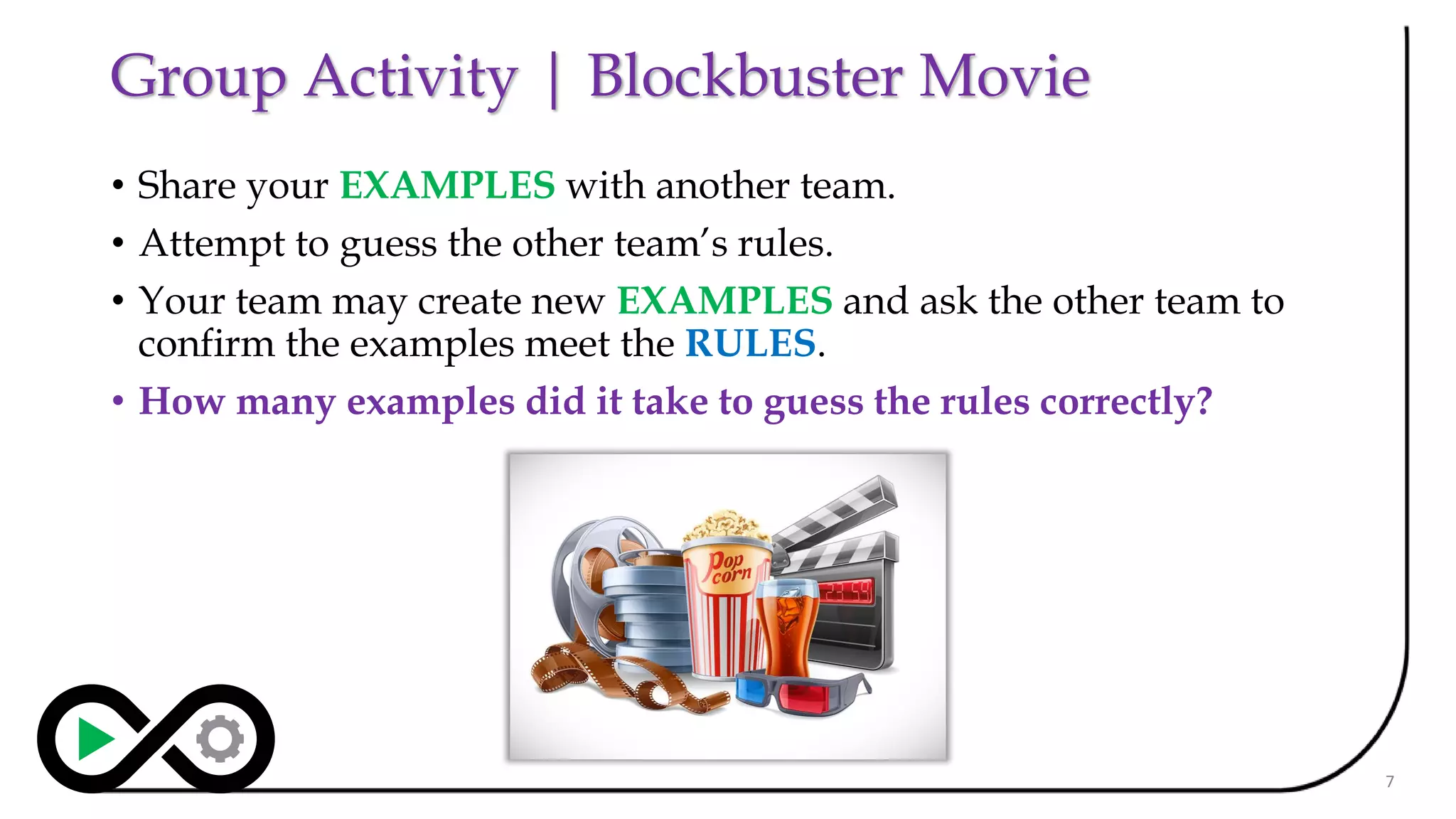 Group Activity | Blockbuster Movie
• Share your EXAMPLES with another team.
• Attempt to guess the other team’s rules.
• Your team may create new EXAMPLES and ask the other team to
confirm the examples meet the RULES.
• How many examples did it take to guess the rules correctly?
7
 