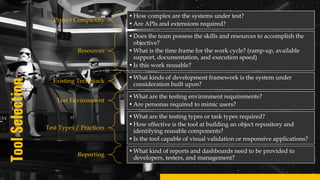 Tool
Selection Project Complexity
•How complex are the systems under test?
•Are APIs and extensions required?
Resources
•Does the team possess the skills and resources to accomplish the
objective?
•What is the time frame for the work cycle? (ramp-up, available
support, documentation, and execution speed)
•Is this work reusable?
Existing Tech Stack
•What kinds of development framework is the system under
consideration built upon?
Test Environment
•What are the testing environment requirements?
•Are personas required to mimic users?
Test Types / Practices
•What are the testing types or task types required?
•How effective is the tool at building an object repository and
identifying reusable components?
•Is the tool capable of visual validation or responsive applications?
Reporting
•What kind of reports and dashboards need to be provided to
developers, testers, and management?
 