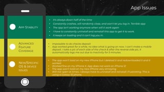 • Impossible to do checks deposit
• App worked great for a while, no idea what is going on now. I can't make a mobile
deposit. I take a pic of each side of the check & after the reverse side pic, it
automatically logs me out due to inactivity for 5 minutes.
• It's always down half of the time
• Constantly crashes, will randomly close, and won't let you log in. Terrible app
• The app isn't working anymore when will it work again
• I have to constantly uninstall and reinstall this app to get it to work.
• It keeps on loading and it can't log you in.
APP STABILITY
• The app won’t load on my new iPhone but I deleted it and redownloaded it and it
worked
• Worked fine on my iPhone X. App does not work on iPhone 12
• The app won’t load on my new iPhone very annoying
• Will not open at times. I always have to uninstall and reinstall. Frustrating. This is
using a Galaxy 10 phone.
NEW/SPECIFIC
OS & DEVICE
ISSUES
ADVANCED
FEATURE
COVERAGE
App Issues
 