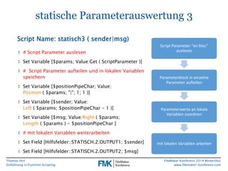 Thomas Hirt 
Einführung in FunctionScripting 
FileMakerKonferenz 2014 Winterthur 
www.filemaker-konferenz.com 
statische Parameterauswertung 3 
Script Name: statisch3 ( sender|msg) 
↕# Script Parameter auslesen 
↕Set Variable [$params; Value:Get( ScriptParameter)] 
↕# Script Parameter aufteilen und in lokalen Variablen speichern 
↕Set Variable [$positionPipeChar; Value: Position( $params; "|"; 1; 1 )] 
↕Set Variable [$sender; Value: Left( $params; $positionPipeChar-1 )] 
↕Set Variable [$msg; Value:Right( $params; Length( $params) -$positionPipeChar] 
↕# mitlokalenVariablenweiterarbeiten 
↕Set Field [Hilfsfelder::STATISCH.2.OUTPUT1; $sender] 
↕Set Field [Hilfsfelder::STATISCH.2.OUTPUT2; $msg] 
Script Parameter "en bloc" auslesen 
Parameterblock in einzelne Parameter aufteilen 
Parameterwerte an lokale Variablen zuordnen 
mit lokalen Variablen arbeiten  