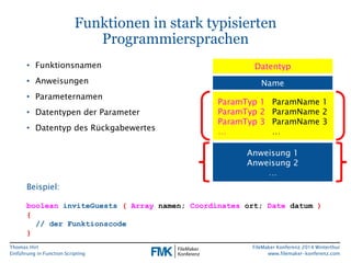 Thomas Hirt 
Einführung in FunctionScripting 
FileMakerKonferenz 2014 Winterthur 
www.filemaker-konferenz.com 
Funktionen in stark typisierten Programmiersprachen 
•Funktionsnamen 
•Anweisungen 
•Parameternamen 
•Datentypen der Parameter 
•Datentyp des Rückgabewertes 
Name 
Anweisung 1 
Anweisung 2 
… 
Datentyp 
ParamTyp1 
ParamTyp2 
ParamTyp3 
… 
ParamName1 
ParamName2 
ParamName3 
… 
Beispiel: 
booleaninviteGuests(Arraynamen; Coordinatesort; Datedatum) 
{ 
// der Funktionscode 
}  