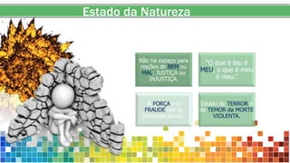 Estado da Natureza
Não há espaço para
noções de BEM ou
MAL; JUSTIÇA ou
INJUSTIÇA.
“O que é teu é
MEU, o que é meu
é meu.”
A FORÇA e a
FRAUDE são as
principais armas.
Estado de TERROR e
de TEMOR da MORTE
VIOLENTA.
 
