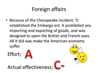 Foreign affairsBecause of the Chesapeake incident, TJ established the Embargo act. It prohibited any importing and exporting of goods, and was designed to open the British and French eyes. All it did was make the American economy suffer. AEffort;Actual effectiveness; C-