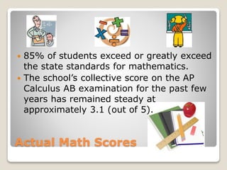 Actual Math Scores
 85% of students exceed or greatly exceed
the state standards for mathematics.
 The school’s collective score on the AP
Calculus AB examination for the past few
years has remained steady at
approximately 3.1 (out of 5).
 