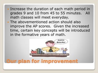 Our plan for improvement
 Increase the duration of each math period in
grades 9 and 10 from 45 to 55 minutes. All
math classes will meet everyday.
 The abovementioned action should also
improve the AP scores. Given the increased
time, certain key concepts will be introduced
in the formative years of math.
 