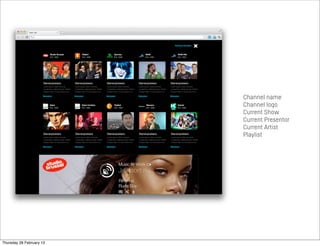 Channel name
Channel logo
Current Show
Current Presentor
Current Artist
Playlist
Thursday 28 February 13
 