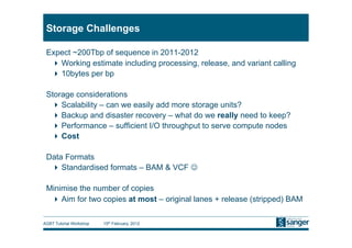 Storage Challenges

 Expect ~200Tbp of sequence in 2011-2012
   Working estimate including processing, release, and variant calling
   10bytes per bp

 Storage considerations
   Scalability – can we easily add more storage units?
   Backup and disaster recovery – what do we really need to keep?
   Performance – sufficient I/O throughput to serve compute nodes
   Cost

 Data Formats
   Standardised formats – BAM & VCF 

 Minimise the number of copies
   Aim for two copies at most – original lanes + release (stripped) BAM

AGBT Tutorial Workshop   15th February, 2012
 